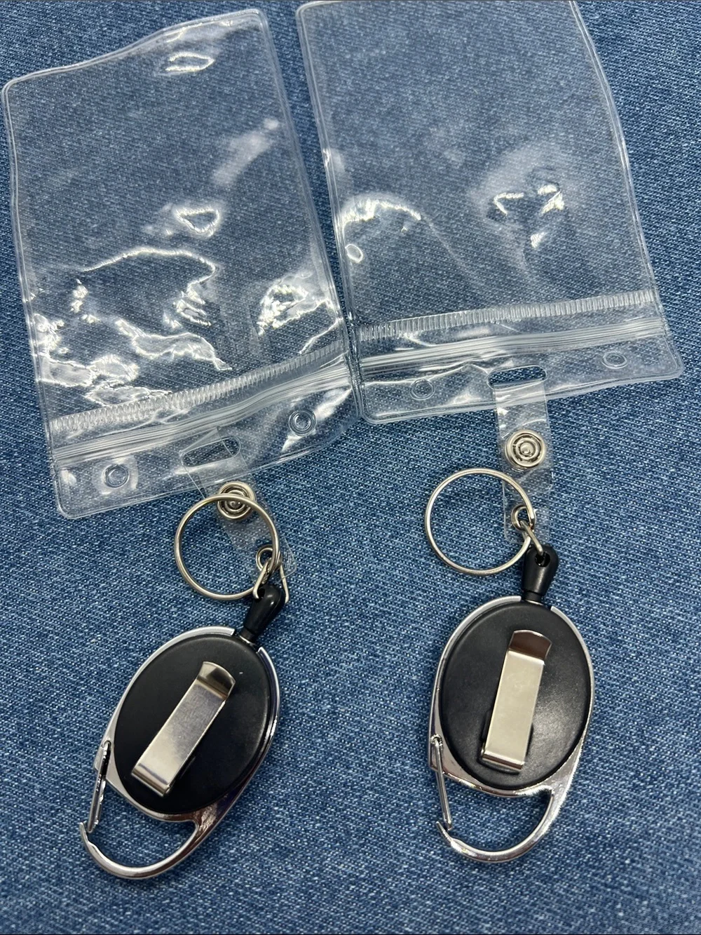 Set of 2 Badge Reel Clip on Retractable ID Holders with Zip Close Pouches NWT